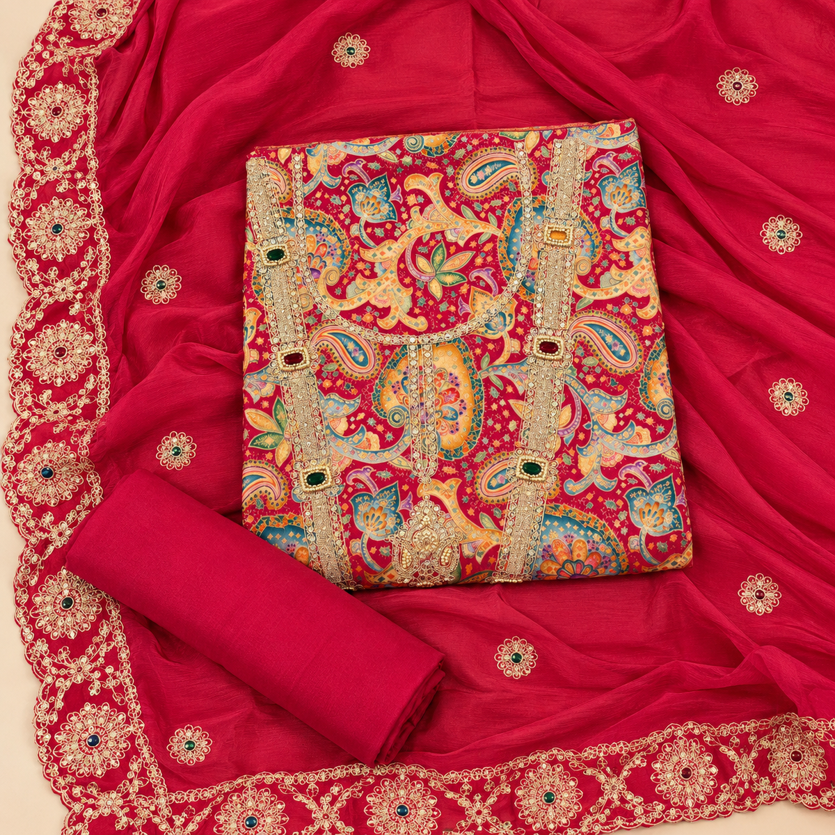 Royal Rani Pink Silk Dress Material with Multicolour Paisley Embroidery
