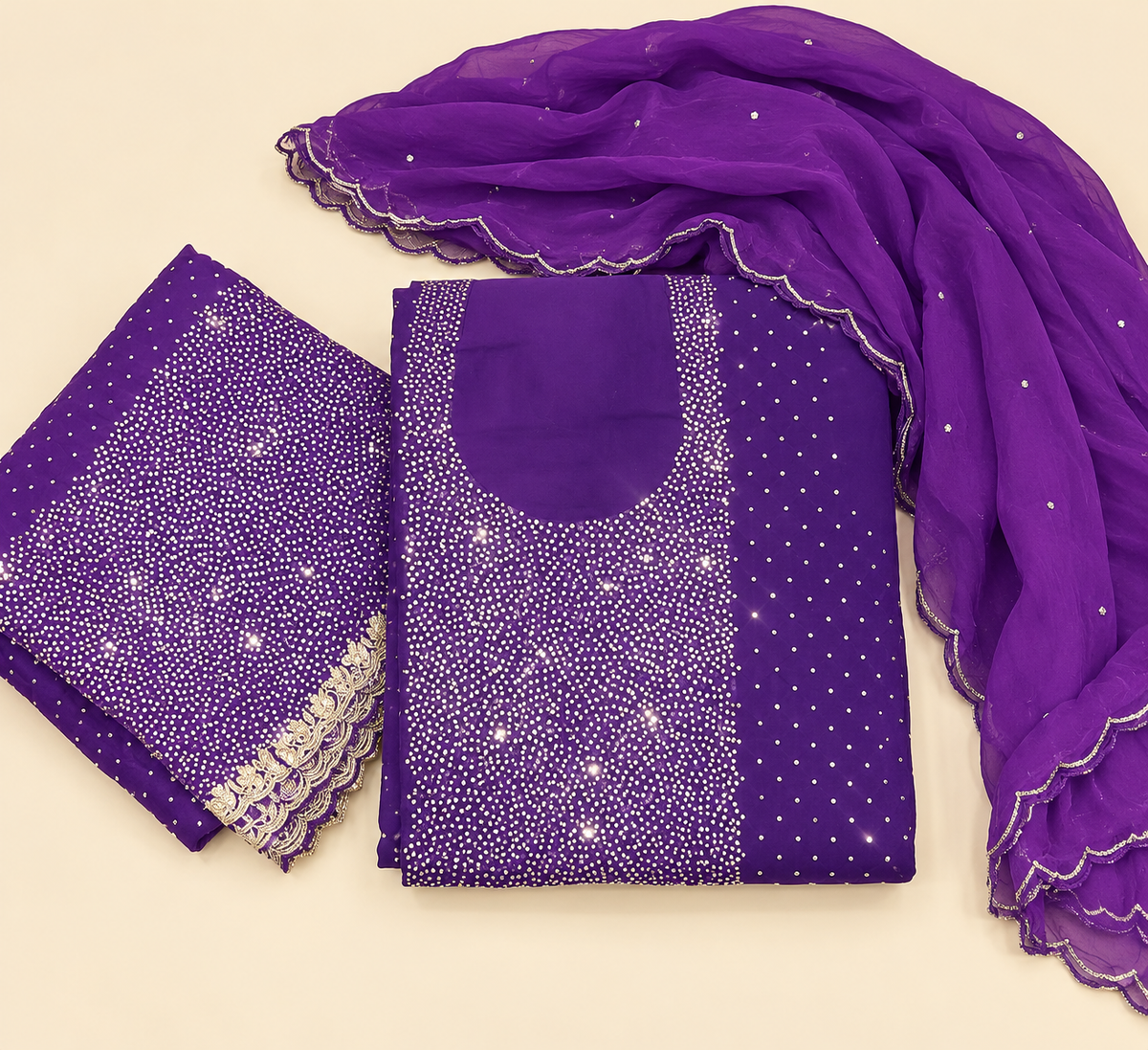 Royal Purple Chiffon Dress Material with Shimmering Stonework and Embroidered Dupatta