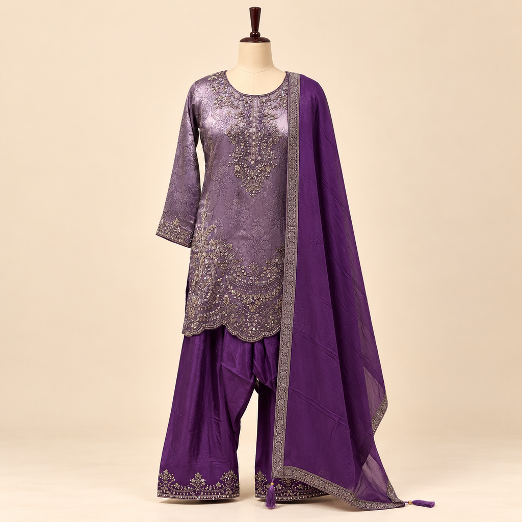 Lavender Silk Embroidered Kurta Set with Palazzo and Dupatta