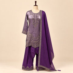 Lavender Silk Embroidered Kurta Set with Palazzo and Dupatta