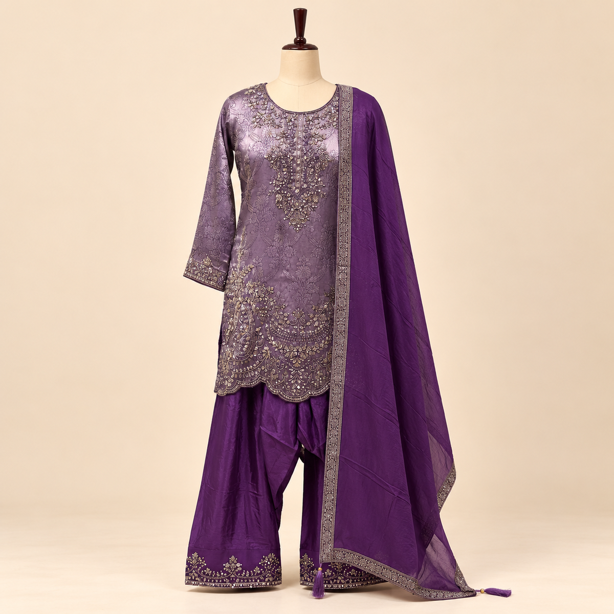 Lavender Silk Embroidered Kurta Set with Palazzo and Dupatta