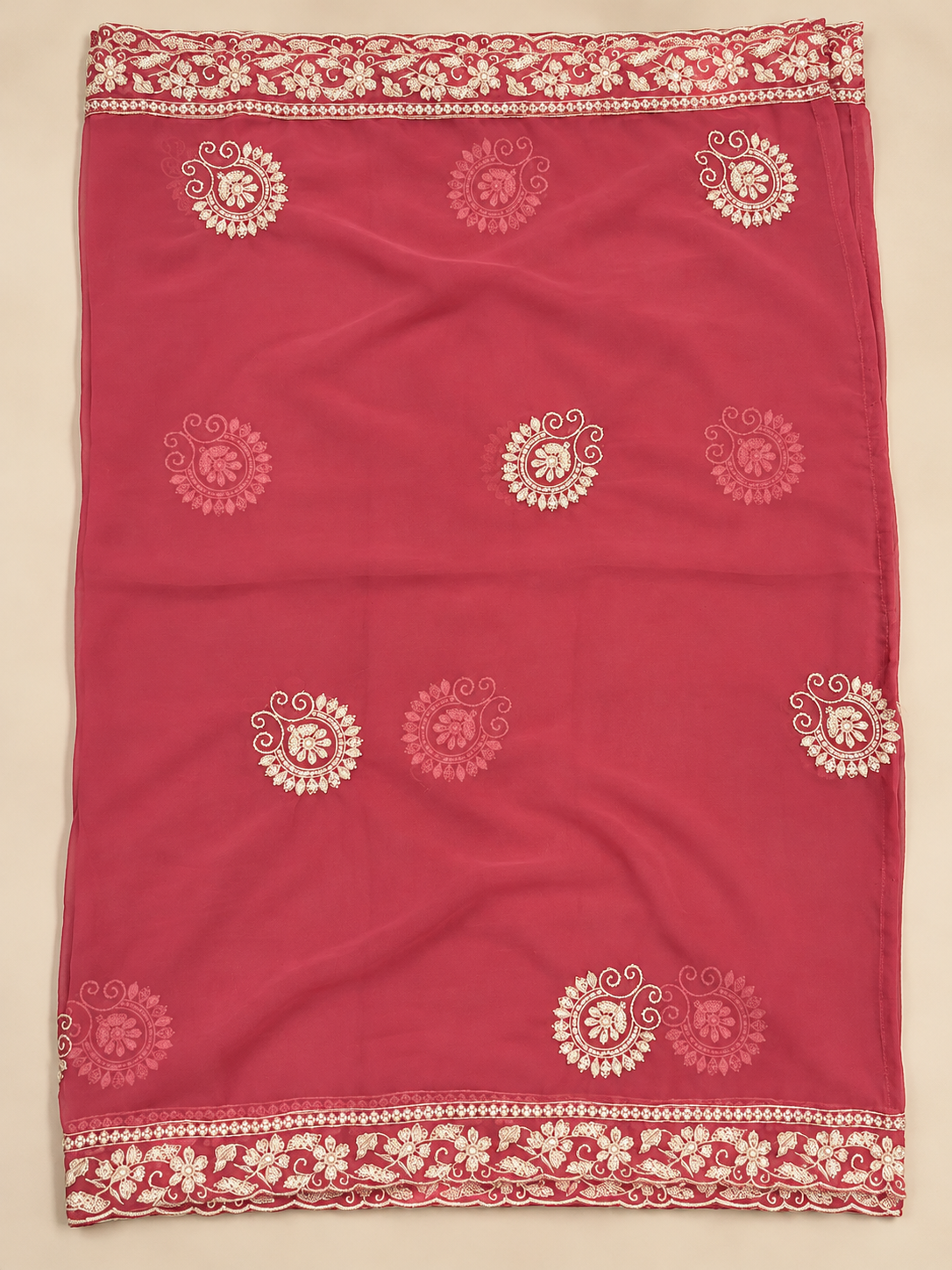 Rose Pink Georgette Embroidered Dress Material with Floral Dupatta