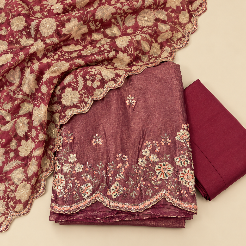 Onion Organza Floral Embroidered Unstitched Dress Material Set
