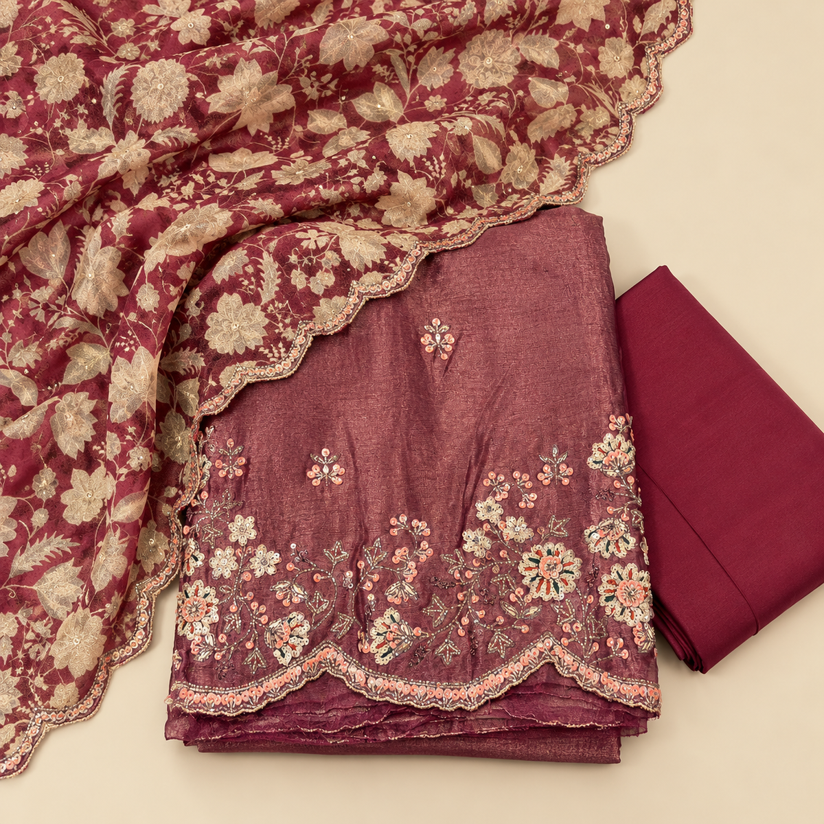 Onion Organza Floral Embroidered Unstitched Dress Material Set