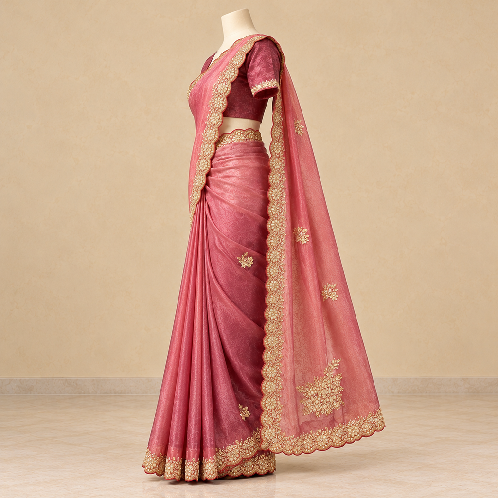 Onion Pink Fendy Saree with Gold Floral Embroidery and Scalloped Border