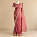 Onion Pink Fendy Saree with Gold Floral Embroidery and Scalloped Border