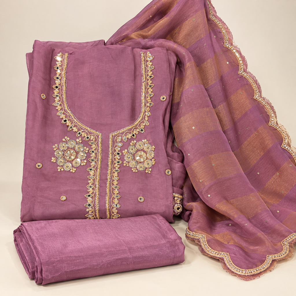 Elegant Lavender Shimmer Silk Dress Material with Gold Floral Embroidery and Scalloped Dupatta