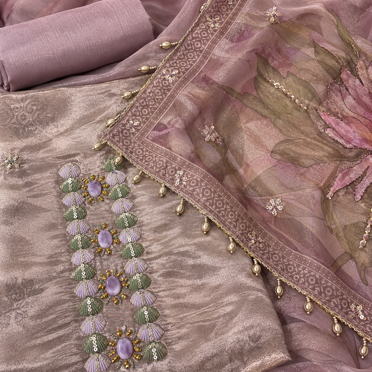 Elegant Lavender Shimmer Dress Material with Floral Printed Dupatta