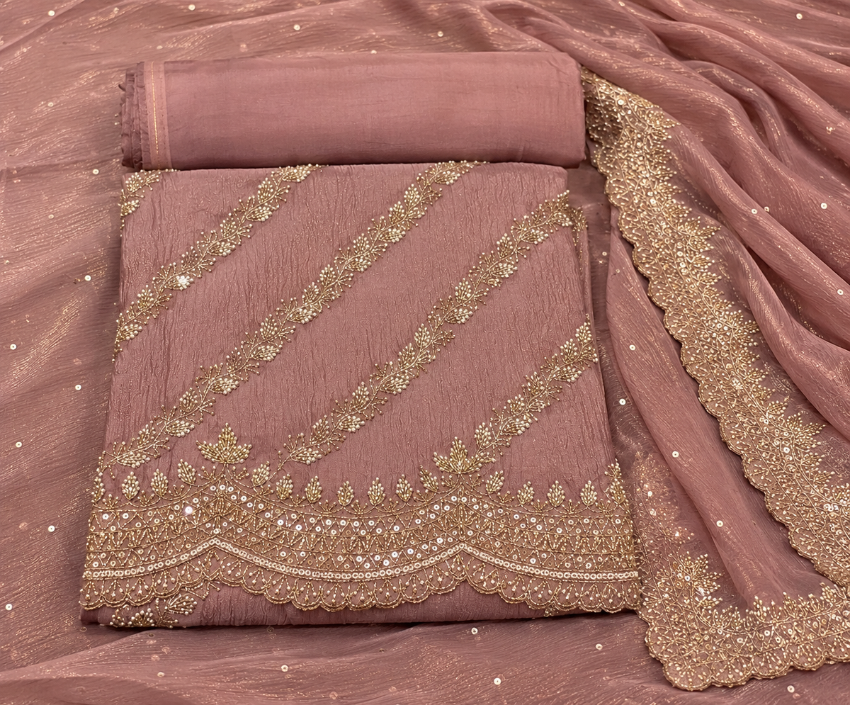 Onion pink Soft Tissue Gold Embroidered Unstitched Dress Material Set