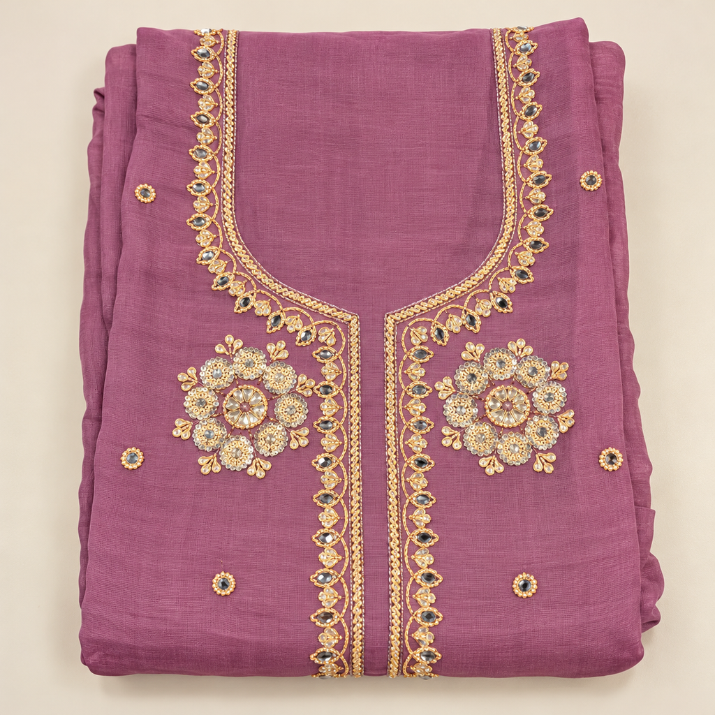 Elegant Lavender Shimmer Silk Dress Material with Gold Floral Embroidery and Scalloped Dupatta