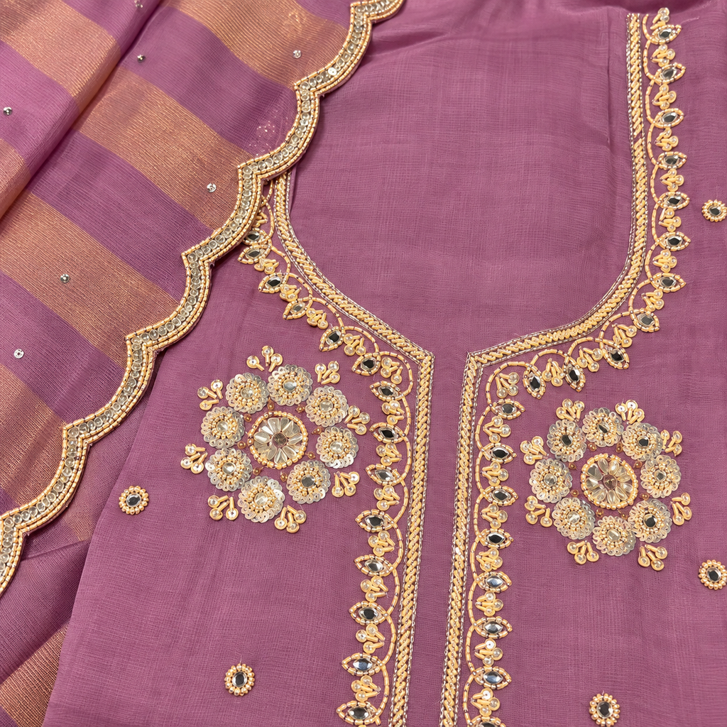 Elegant Lavender Shimmer Silk Dress Material with Gold Floral Embroidery and Scalloped Dupatta