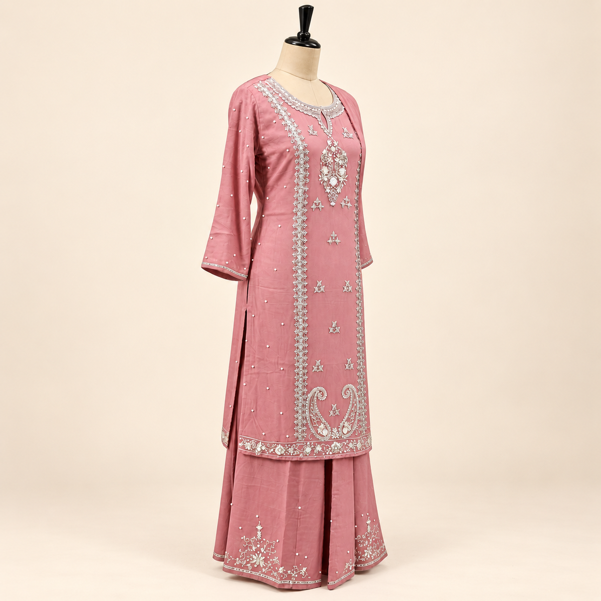Onion Pink Ornate Embellished Salwar Suit with Palazzo &amp; Dupata