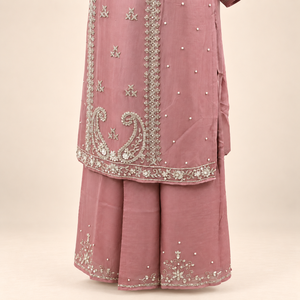 Onion Pink Ornate Embellished Salwar Suit with Palazzo &amp; Dupata