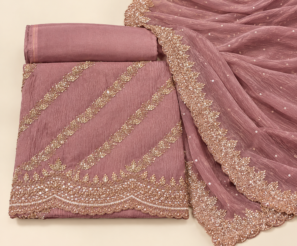 Onion pink Soft Tissue Gold Embroidered Unstitched Dress Material Set