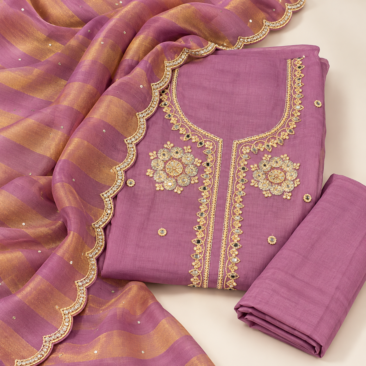Elegant Lavender Shimmer Silk Dress Material with Gold Floral Embroidery and Scalloped Dupatta