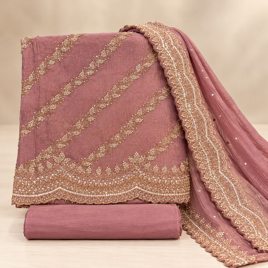 Onion pink Soft Tissue Gold Embroidered Unstitched Dress Material Set