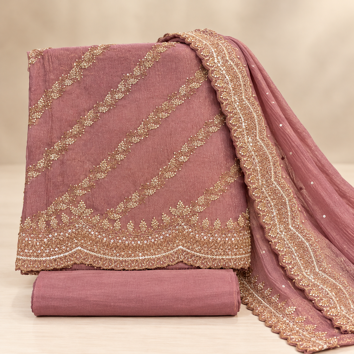 Onion pink Soft Tissue Gold Embroidered Unstitched Dress Material Set