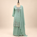 Mint Green Floral Embroidered Chinon Palazzo Salwar Set with Dupatta
