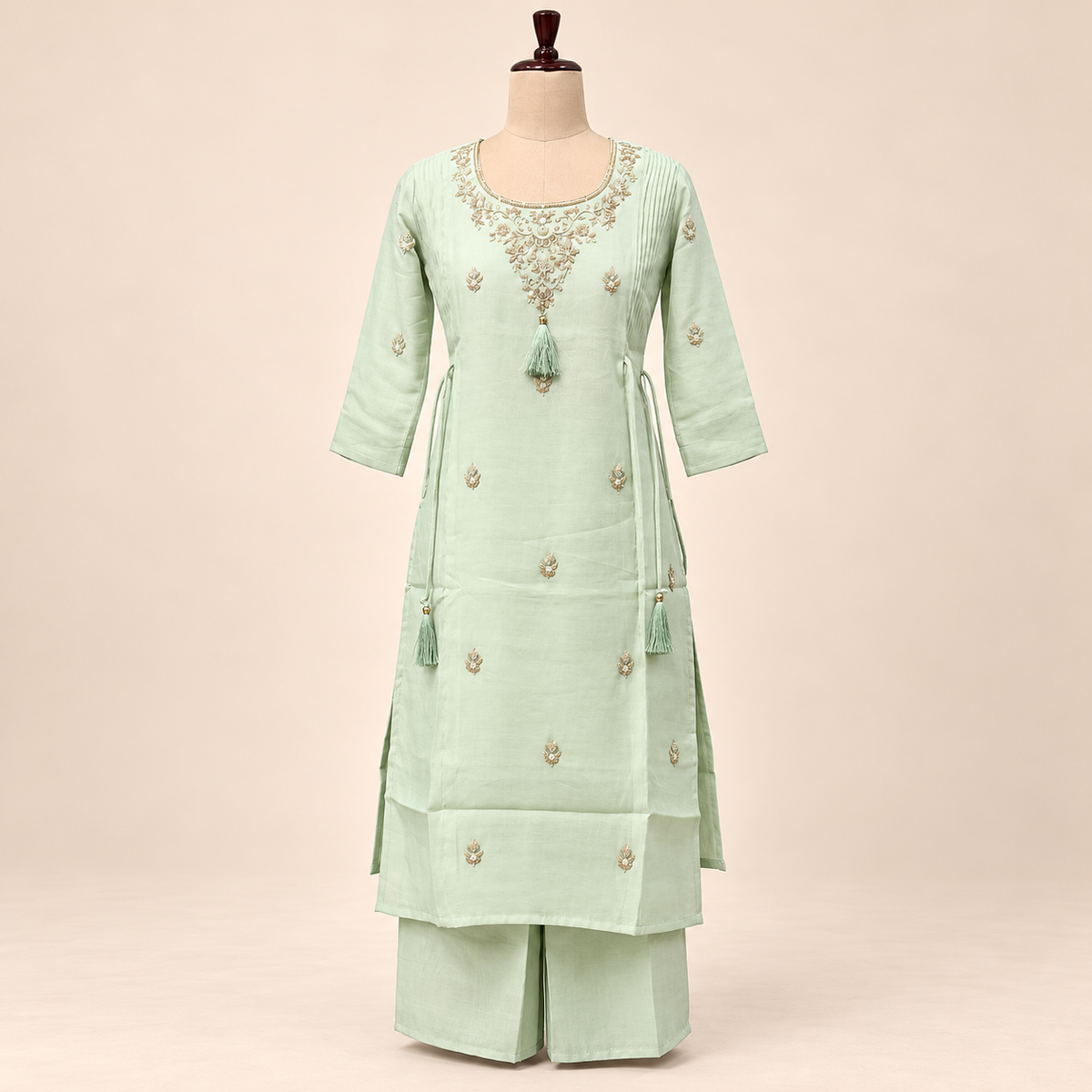 Multicolour Floral Embroidered Cotton Kurta Set with Palazzo and Dupatta