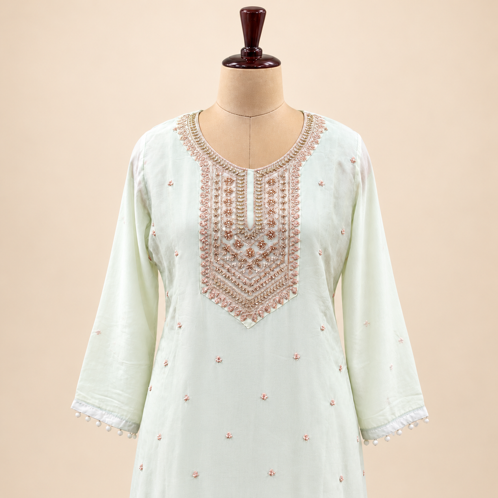 Pista Green Embroidered Chiffon palazzo Salwar Set with Dupatta