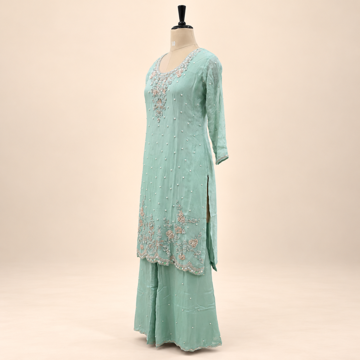 Mint Green Floral Embroidered Chinon Palazzo Salwar Set with Dupatta