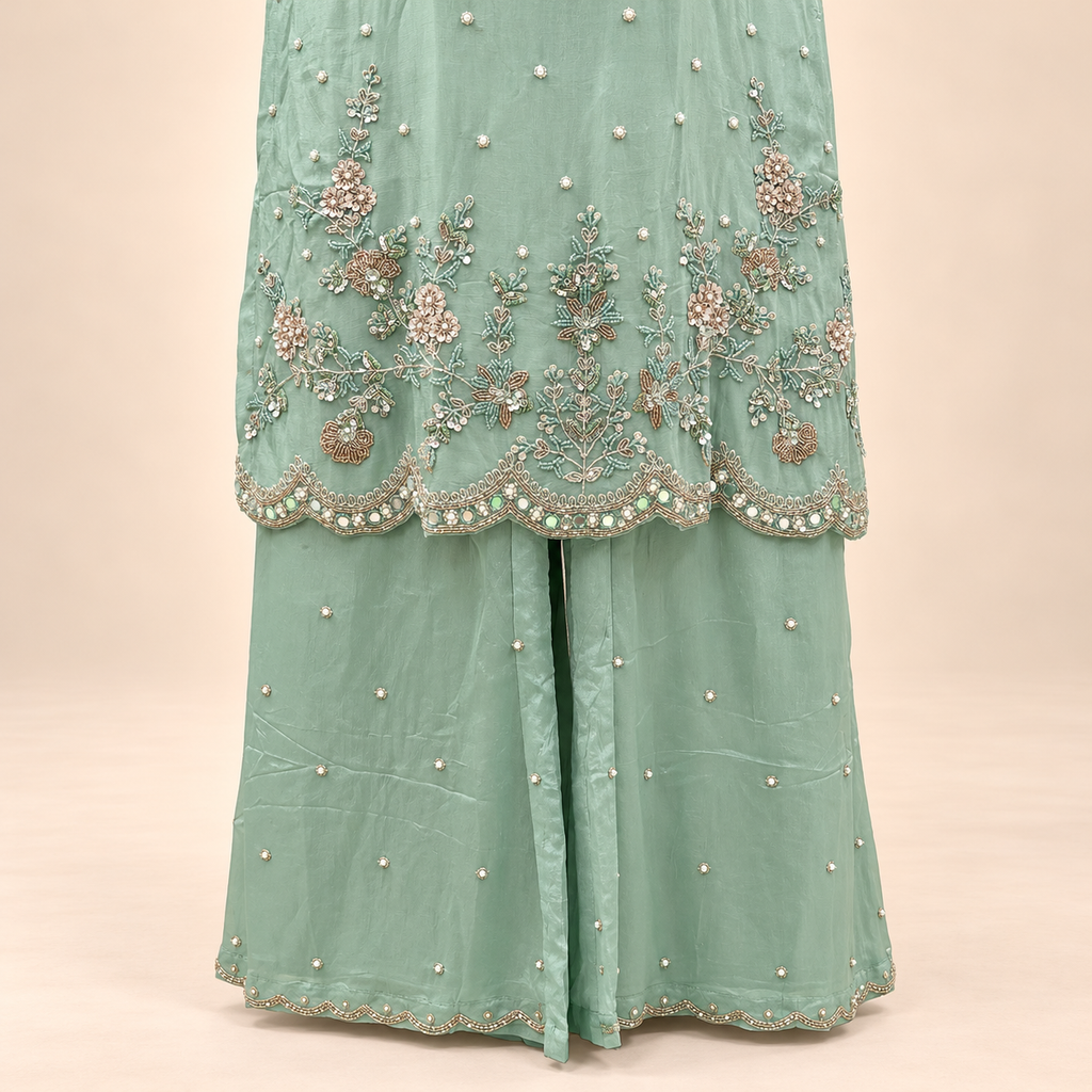 Mint Green Floral Embroidered Chinon Palazzo Salwar Set with Dupatta