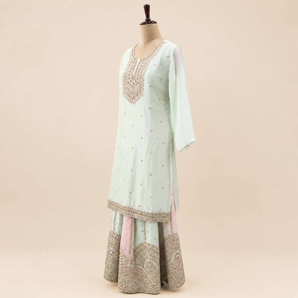 Pista Green Embroidered Chiffon palazzo Salwar Set with Dupatta