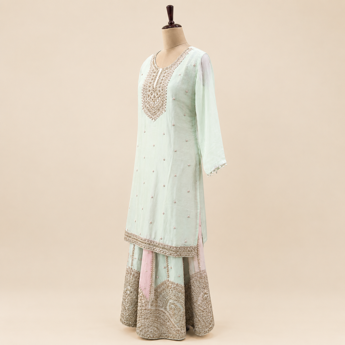 Pista Green Embroidered Chiffon palazzo Salwar Set with Dupatta