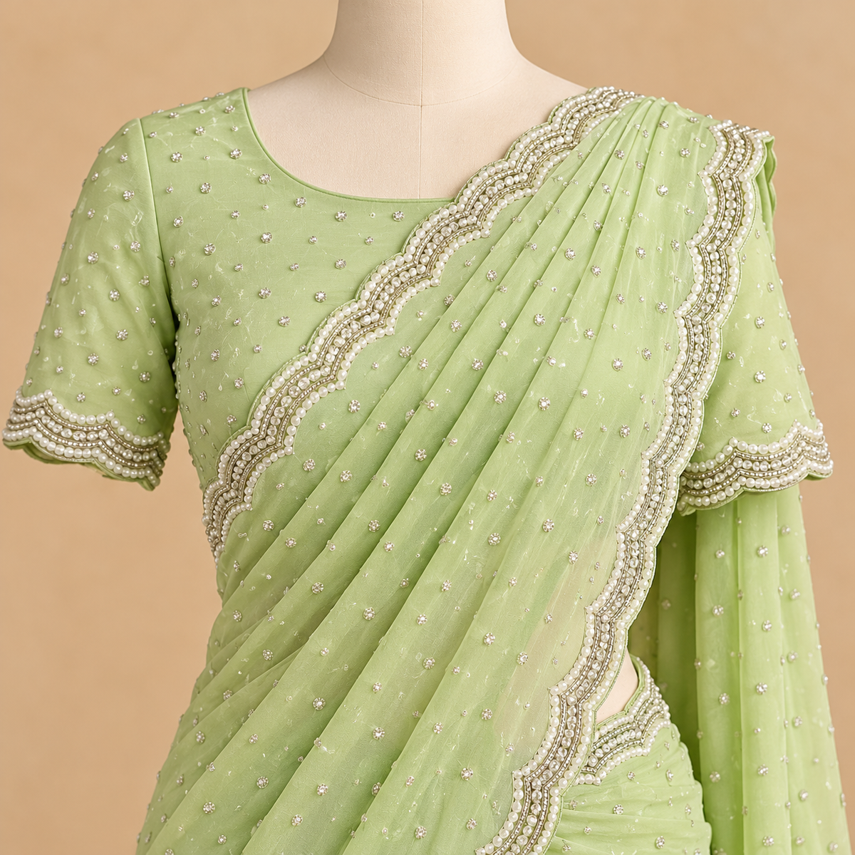 Pista Green chiffon  Saree with Scalloped Embellished Border