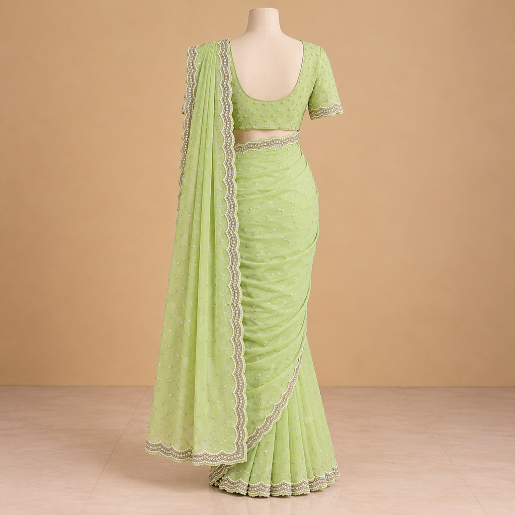 Pista Green chiffon  Saree with Scalloped Embellished Border