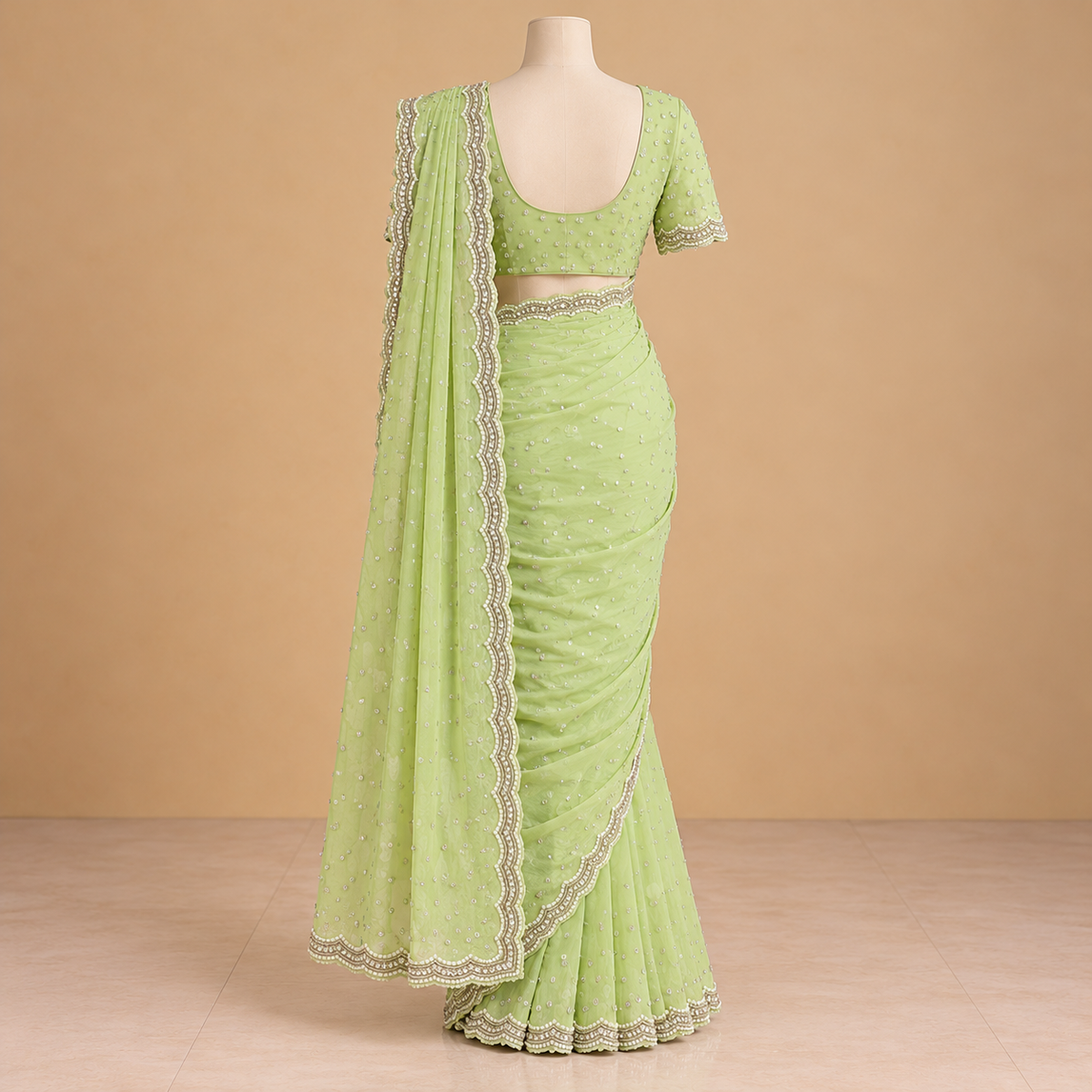 Pista Green chiffon  Saree with Scalloped Embellished Border