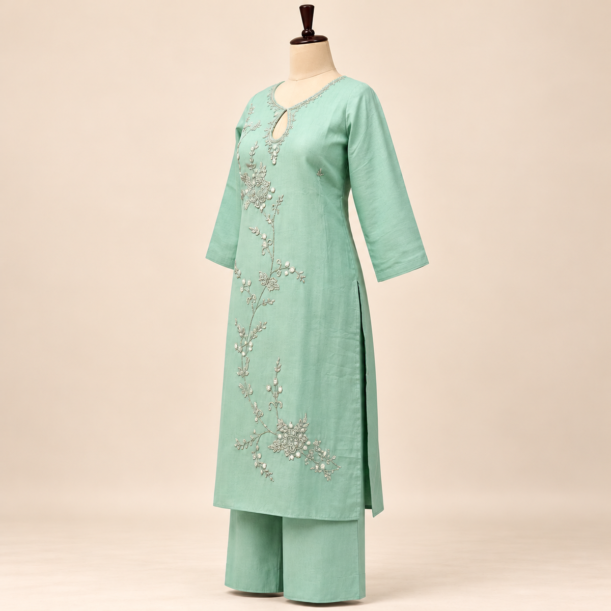 Multi-Tone Mint Green Cotton Floral Embroidered Straight Cut Kurta Set
