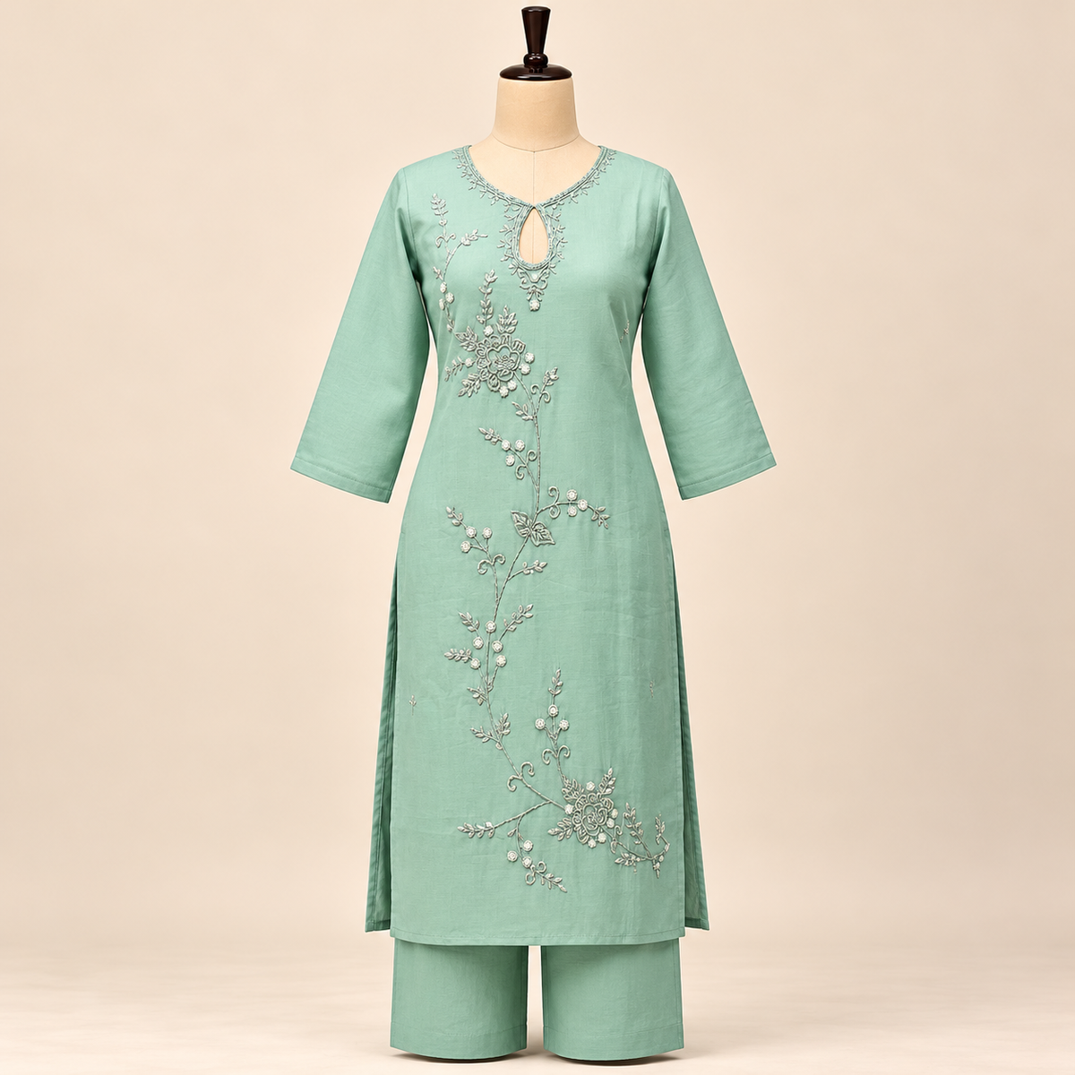 Multi-Tone Mint Green Cotton Floral Embroidered Straight Cut Kurta Set