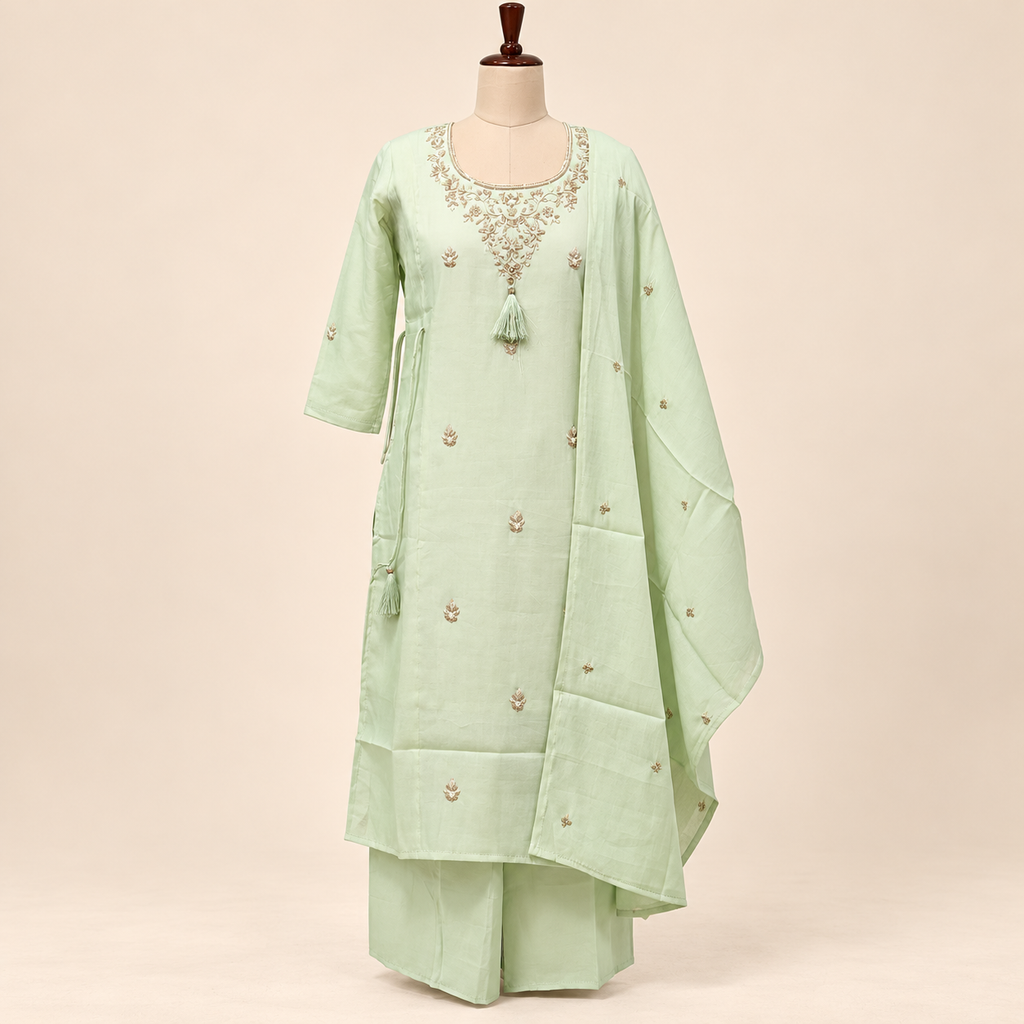 Multicolour Floral Embroidered Cotton Kurta Set with Palazzo and Dupatta