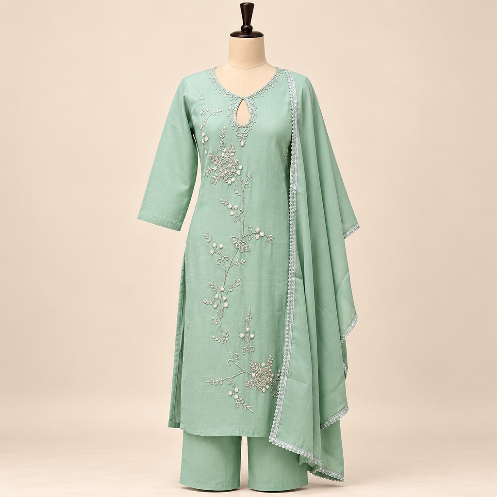 Multi-Tone Mint Green Cotton Floral Embroidered Straight Cut Kurta Set