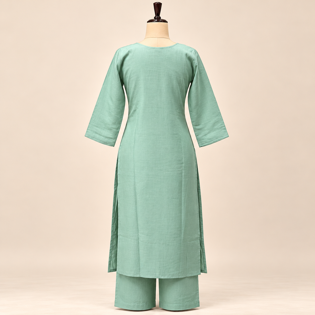 Multi-Tone Mint Green Cotton Floral Embroidered Straight Cut Kurta Set