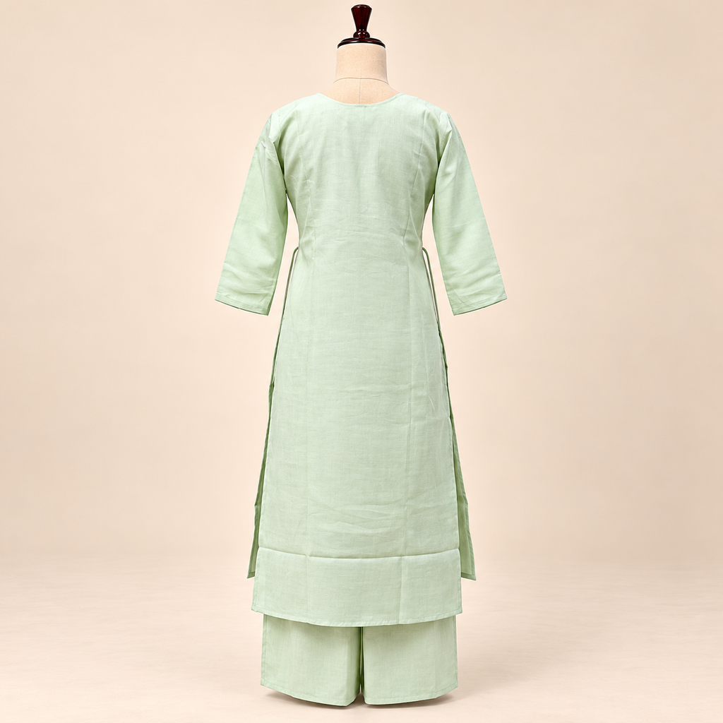 Multicolour Floral Embroidered Cotton Kurta Set with Palazzo and Dupatta