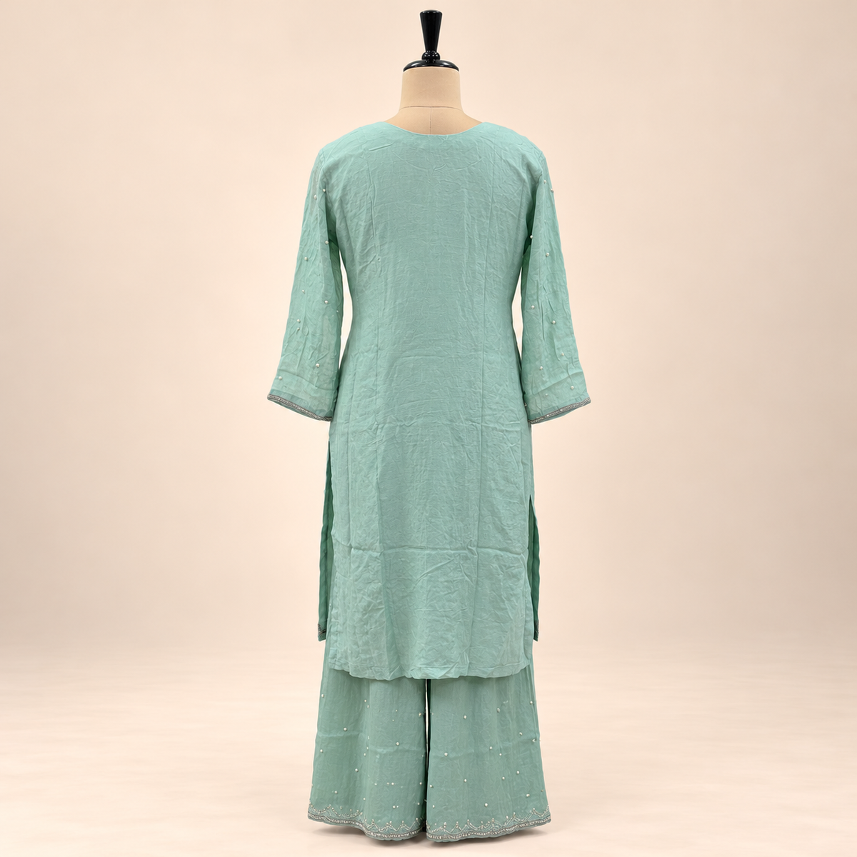 Mint Green Floral Embroidered Chinon Palazzo Salwar Set with Dupatta