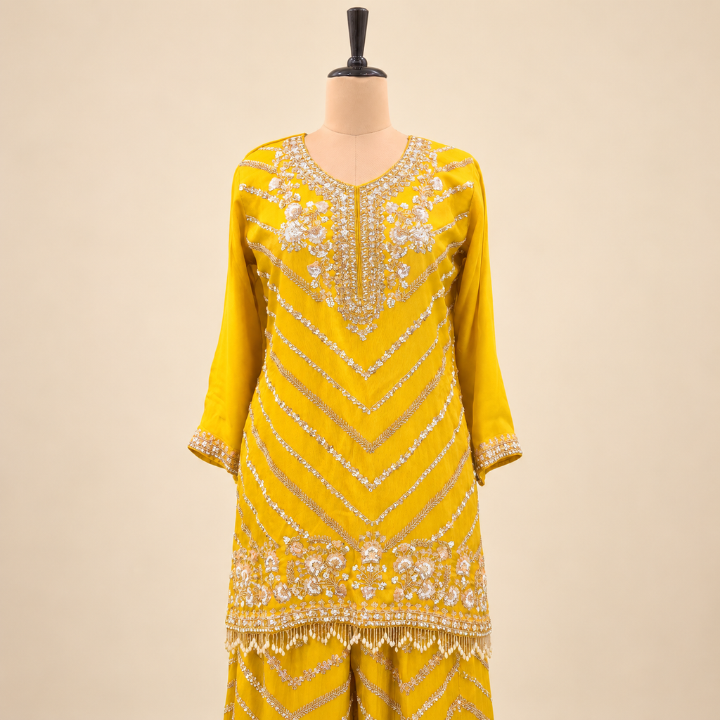 Shimmer Yellow Embroidered Chiffon Sharara Salwar Set with Dupatta