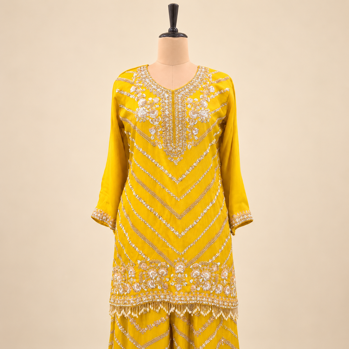 Shimmer Yellow Embroidered Chiffon Sharara Salwar Set with Dupatta