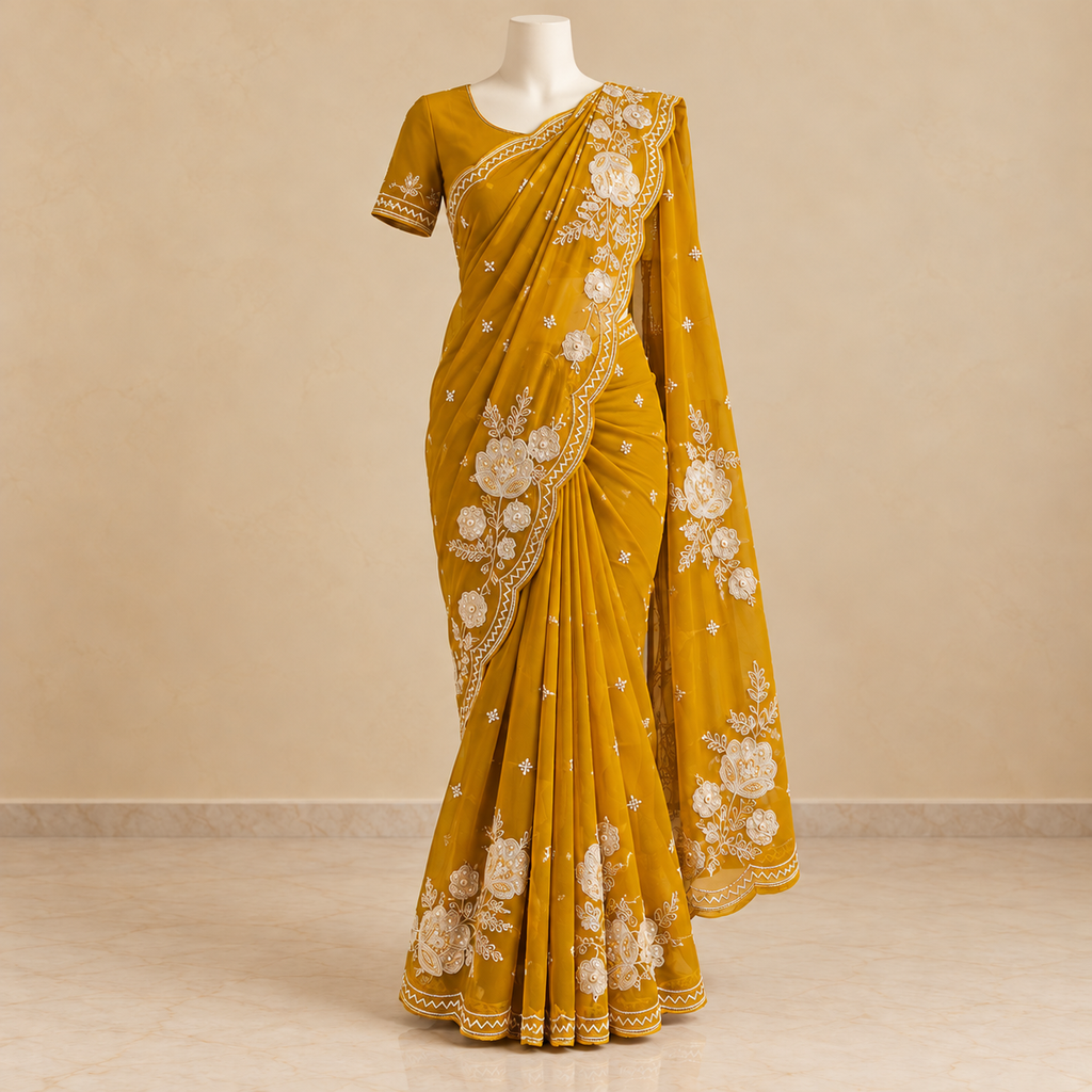 Golden Organza Saree with Floral Embroidery