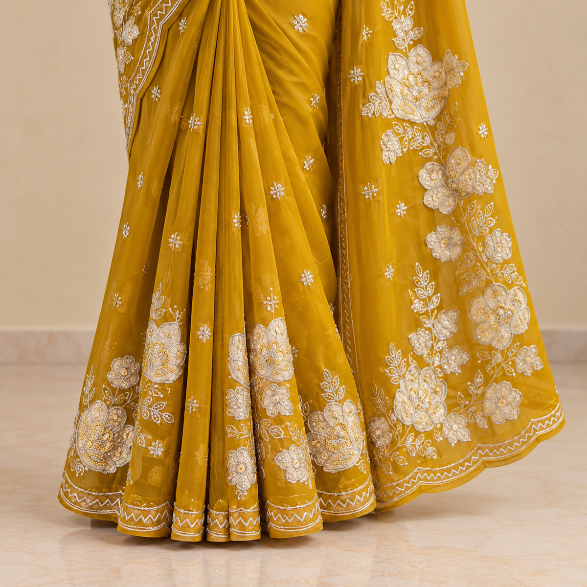 Golden Organza Saree with Floral Embroidery