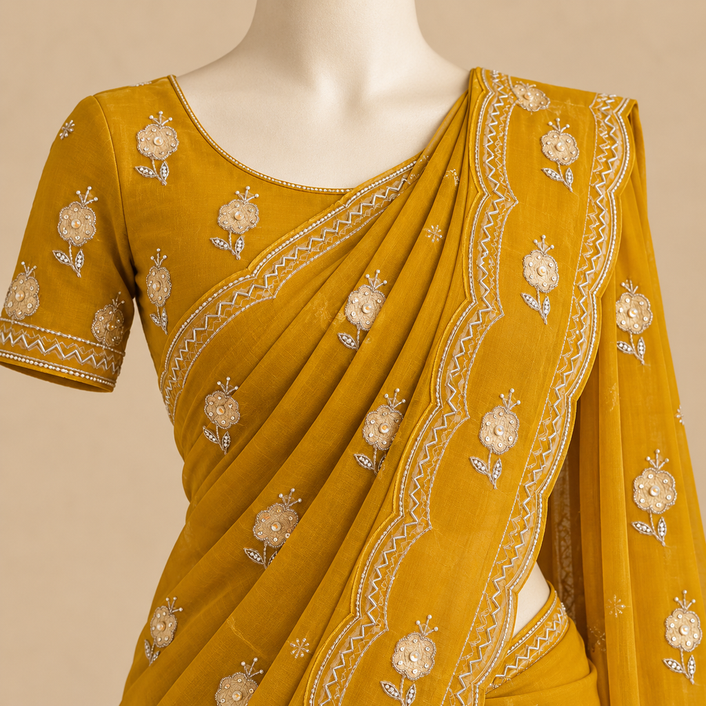 Golden Organza Saree with Floral Embroidery