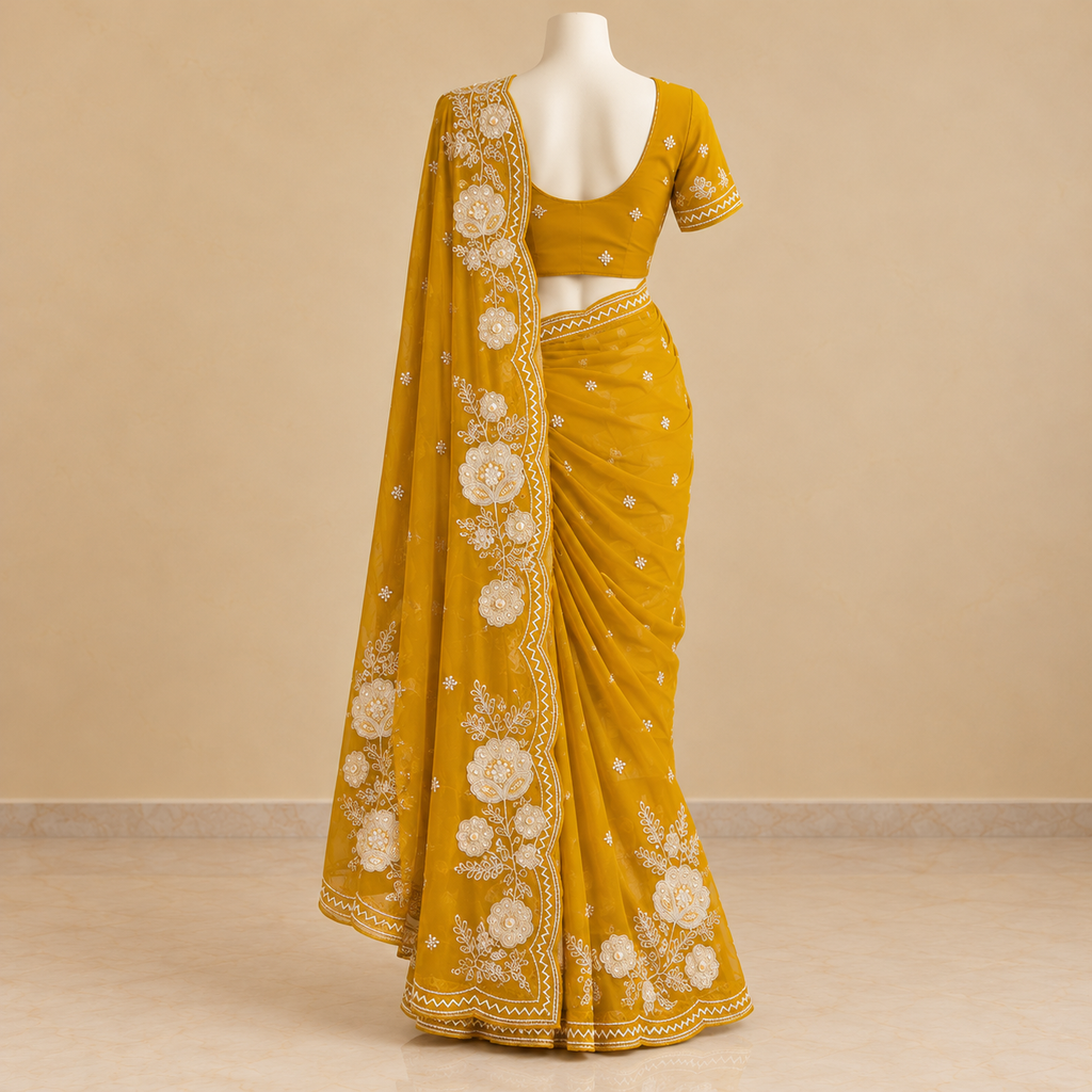 Golden Organza Saree with Floral Embroidery