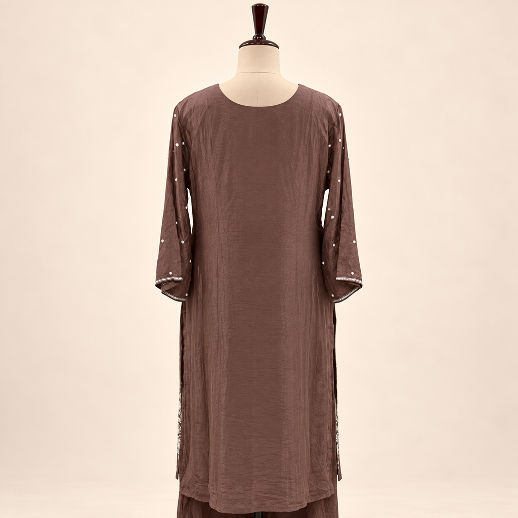 Mocha Brown Embroidered Chinon Straight-Cut Salwar Set with Dupatta