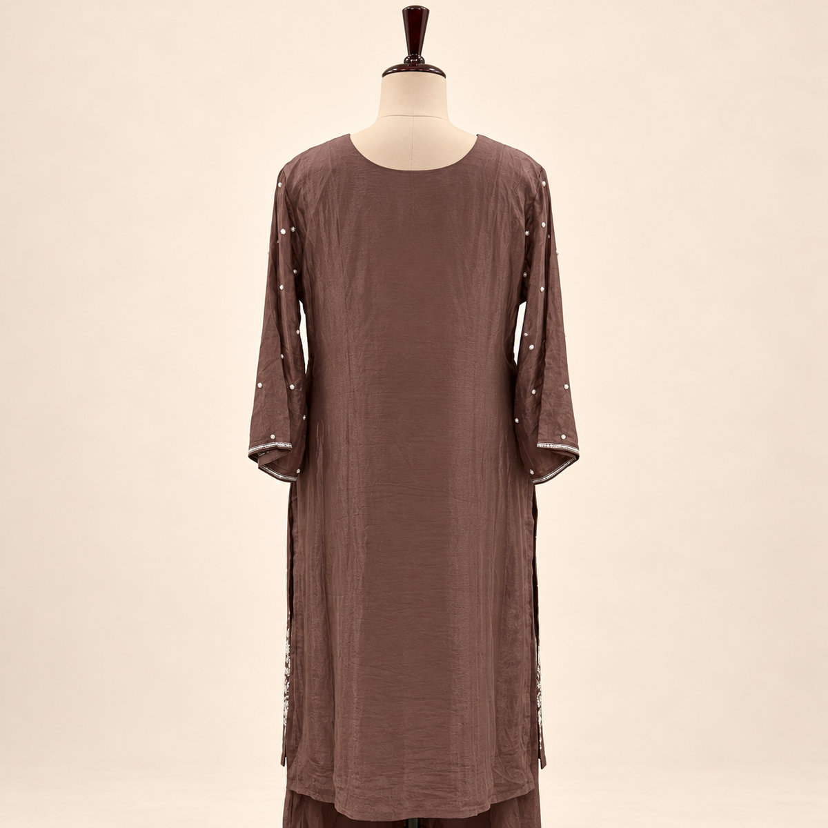 Mocha Brown Embroidered Chinon Straight-Cut Salwar Set with Dupatta