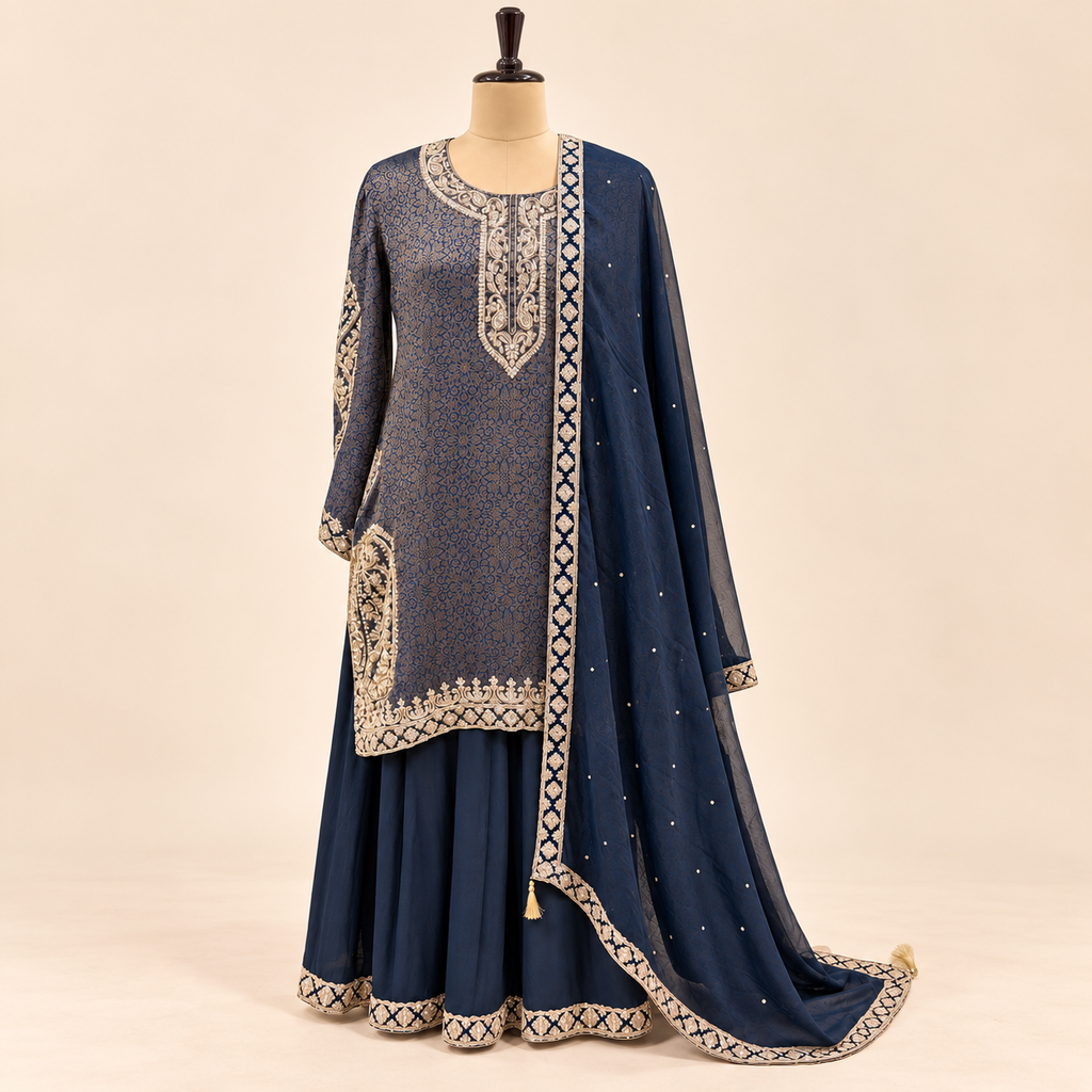 Royal Blue Gold Embellished Salwar Suit with Flared Bottom &amp; Dupatta