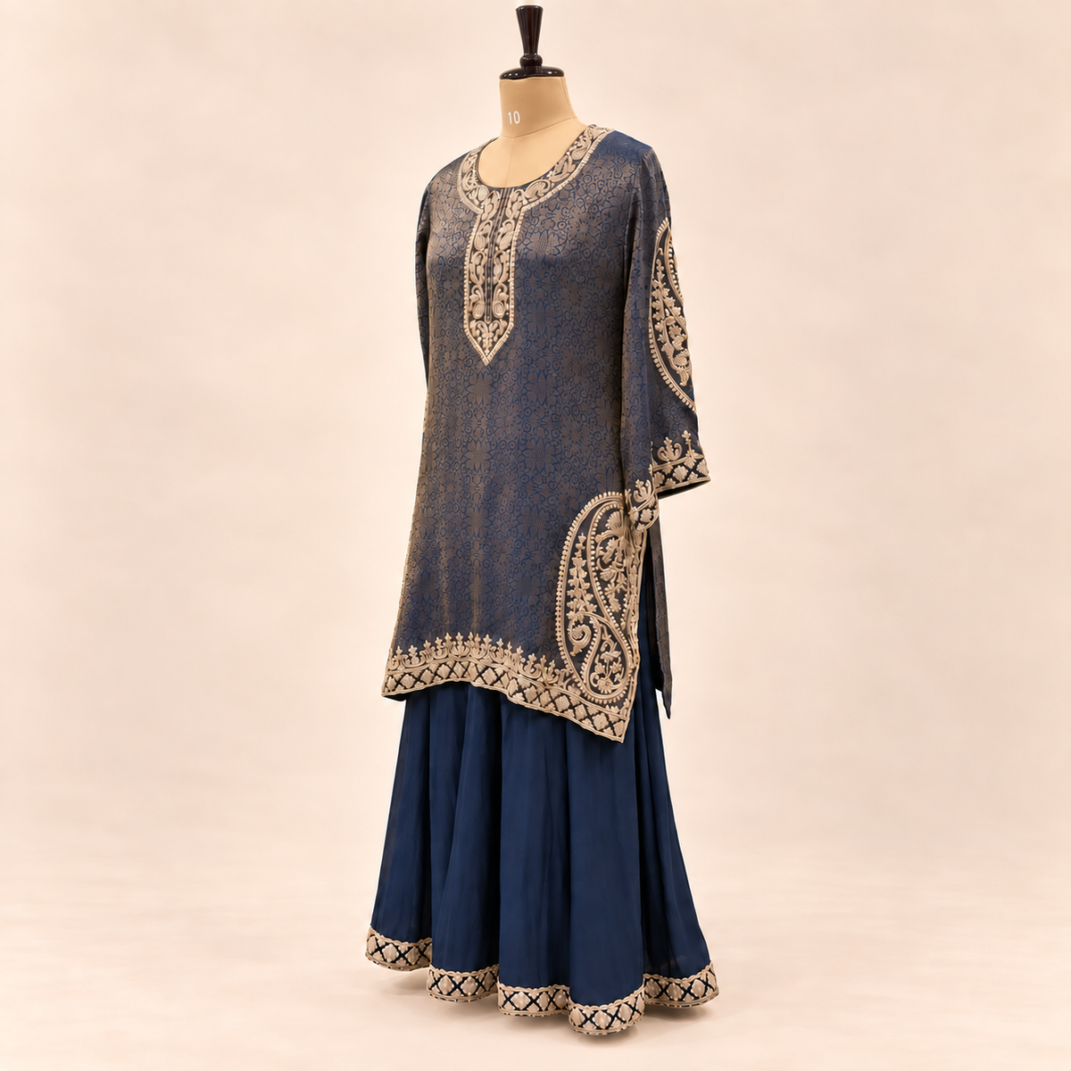 Royal Blue Gold Embellished Salwar Suit with Flared Bottom &amp; Dupatta