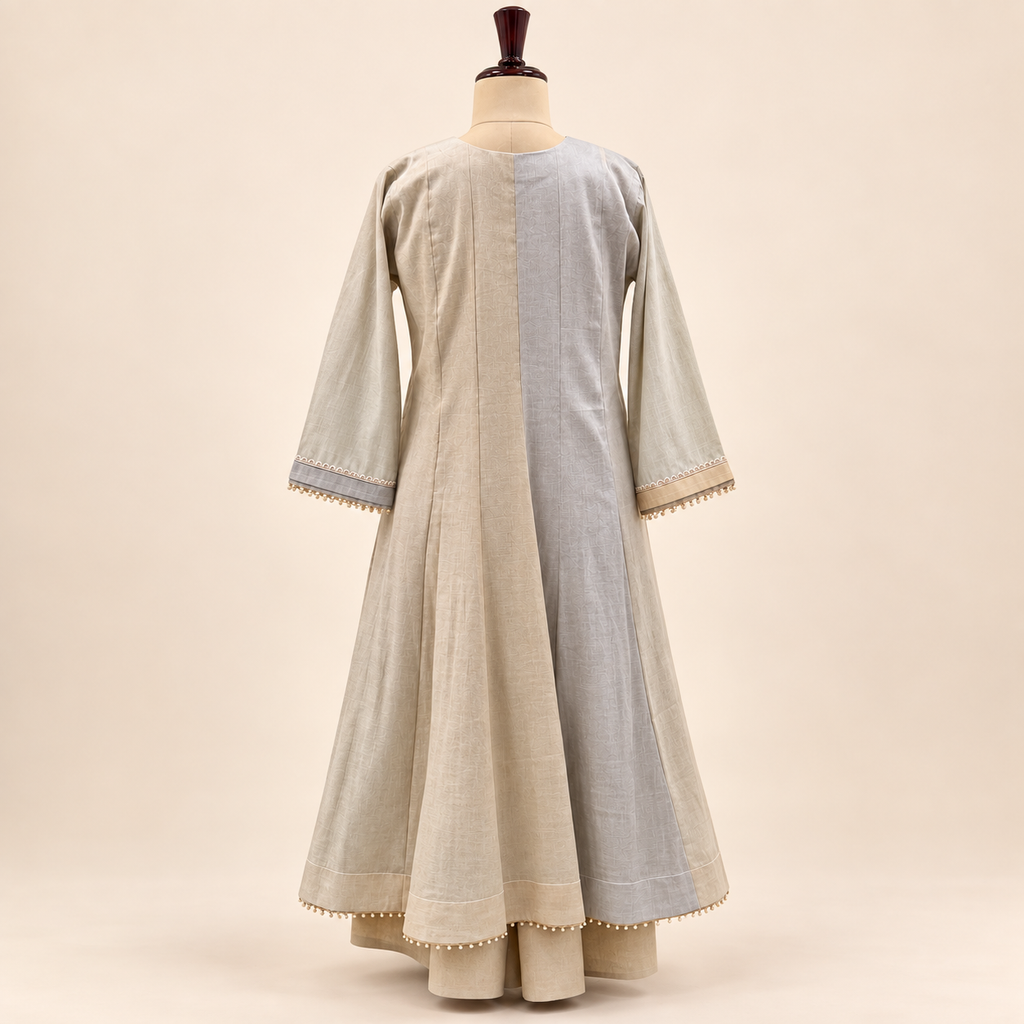 Beige Mirror Embellished Salwar Suit with Striped Dupatta