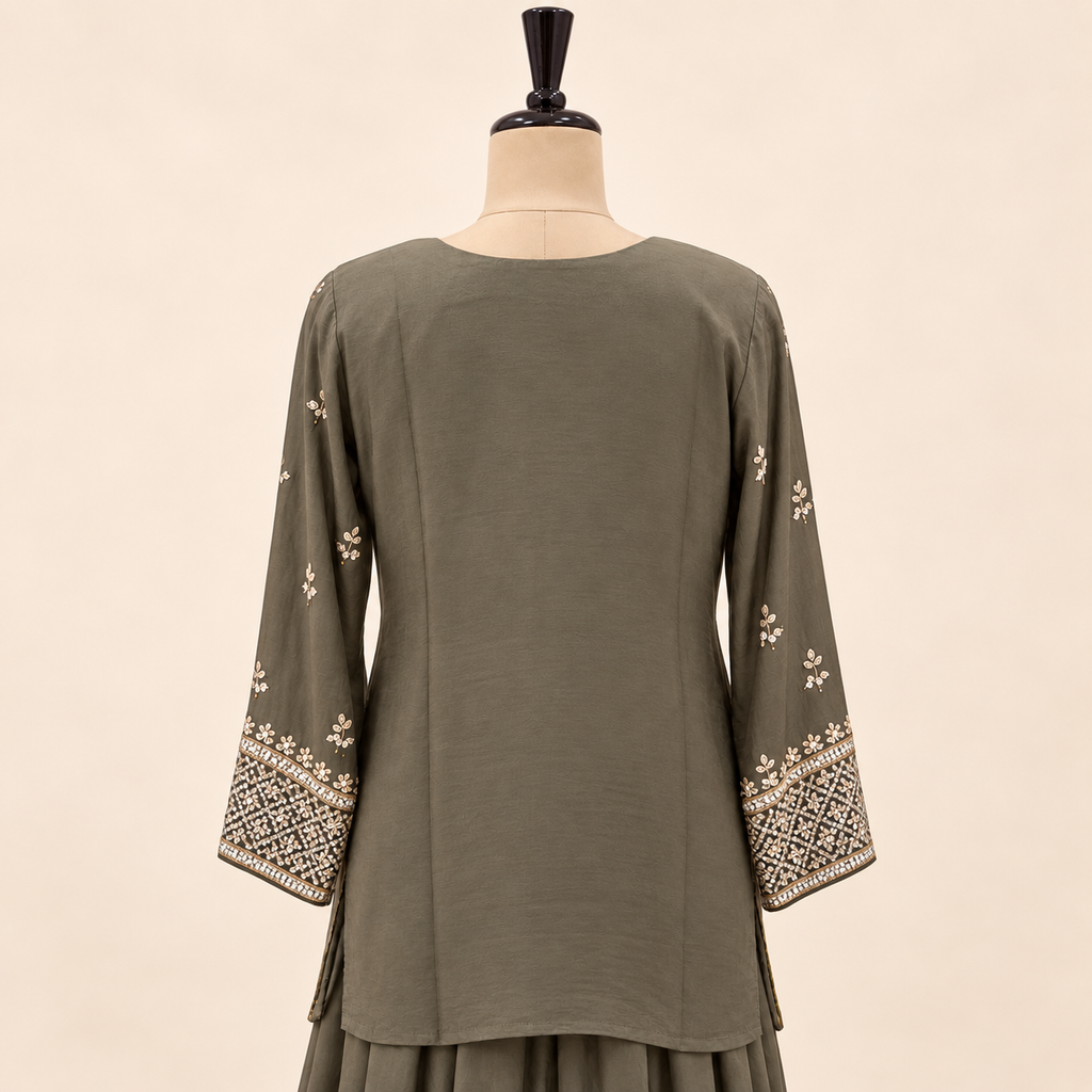 Mehndi  Green Floral Embellished Salwar Suit with Flared Bottom &amp; Dupatta